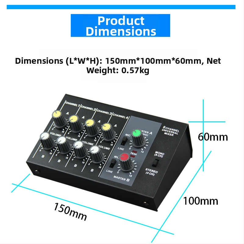 8-kanálový mixér Mix428 s mikrofónovým reverberátorom, rozšírenie mikrofónu, 6,5 mm rozhranie, napájanie 12V, model 4/8