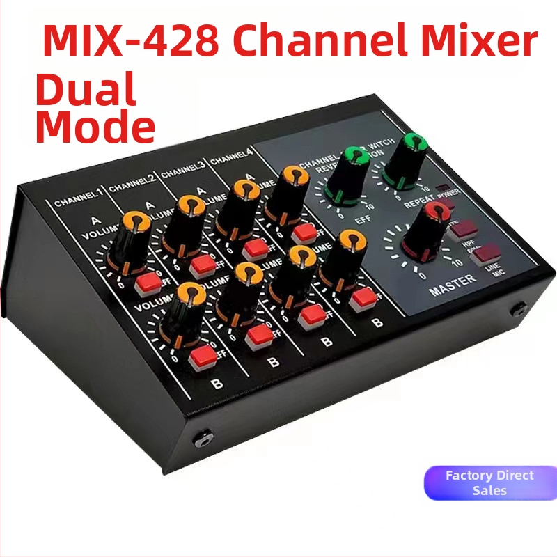 8-kanálový mixér Mix428 s mikrofónovým reverberátorom, rozšírenie mikrofónu, 6,5 mm rozhranie, napájanie 12V, model 4/8