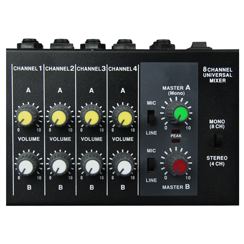 8-kanálový mixér Mix428 s mikrofónovým reverberátorom, rozšírenie mikrofónu, 6,5 mm rozhranie, napájanie 12V, model 4/8