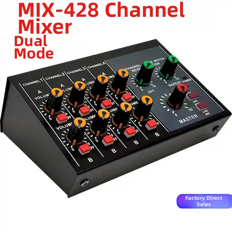 8-kanálový mixér Mix428 s mikrofónovým reverberátorom, rozšírenie mikrofónu, 6,5 mm rozhranie, napájanie 12V, model 4/8