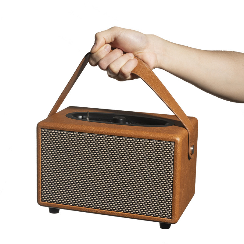 Difuzor Bluetooth din lemn cu husă din piele – difuzor desktop retro, 20W+20W, BT 5.0, 65Hz-20kHz, distanță 10 m, baterie încorporată