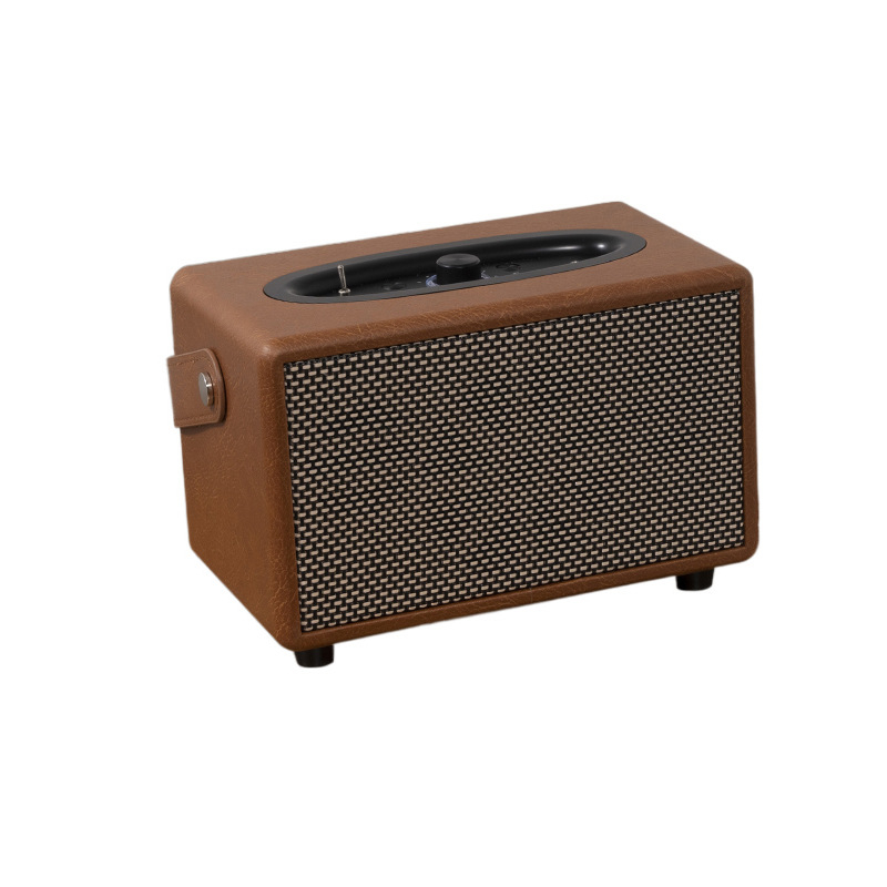 Difuzor Bluetooth din lemn cu husă din piele – difuzor desktop retro, 20W+20W, BT 5.0, 65Hz-20kHz, distanță 10 m, baterie încorporată