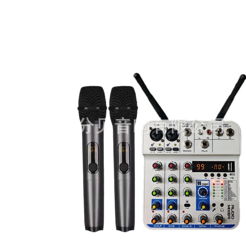 Kemas mixer cu 4 canale, DSP, reverberare, Bluetooth, înregistrare cu două microfoane wireless