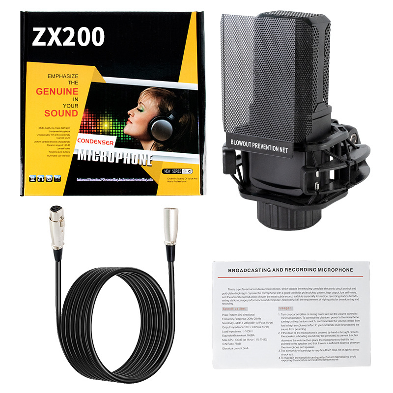 ZX200 kondenzatorski mikrofon s 48V phantom napajanjem, ugrađena zvučna kartica, kompatibilan s karaoke mikserom