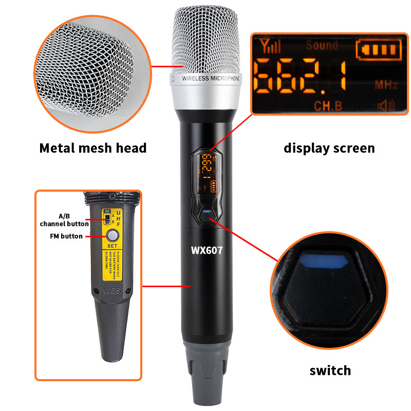 Glamour Saint WX607 UHF bežični ručni mikrofon s metalnim kućištem i vanjskim mikserom zvuka, trajanje 3–6 sati, zamjenjiva baterija