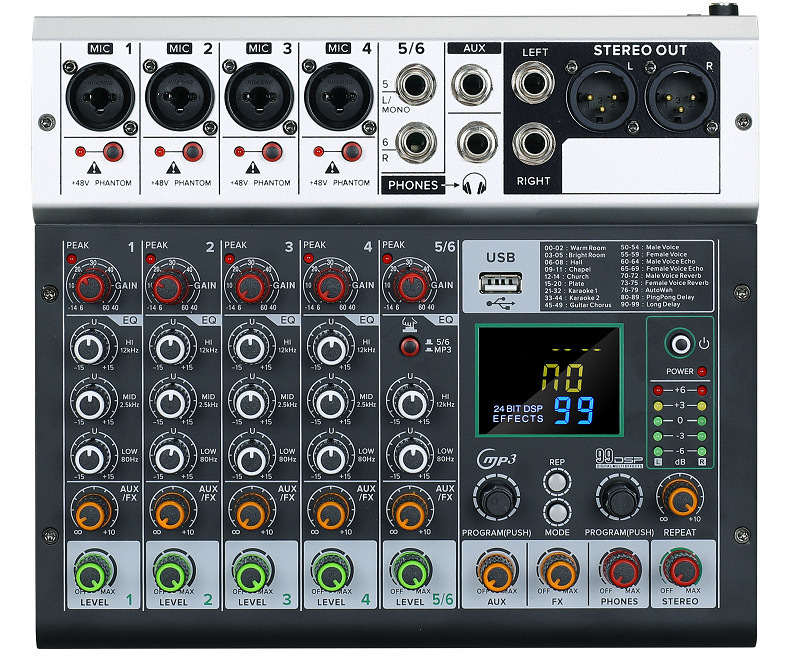 Gerlik mixer Bluetooth cu efect de reverberare pentru karaoke și reprezentații pe scenă – mixer profesional pentru microfoane, 4- și 6-canal