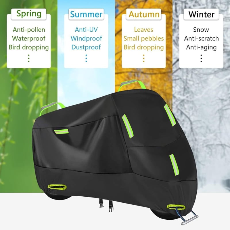 Покривало за мотоциклет за дъжд и слънце, 210D плат, чадърен материал, с зелена рефлекторна лента