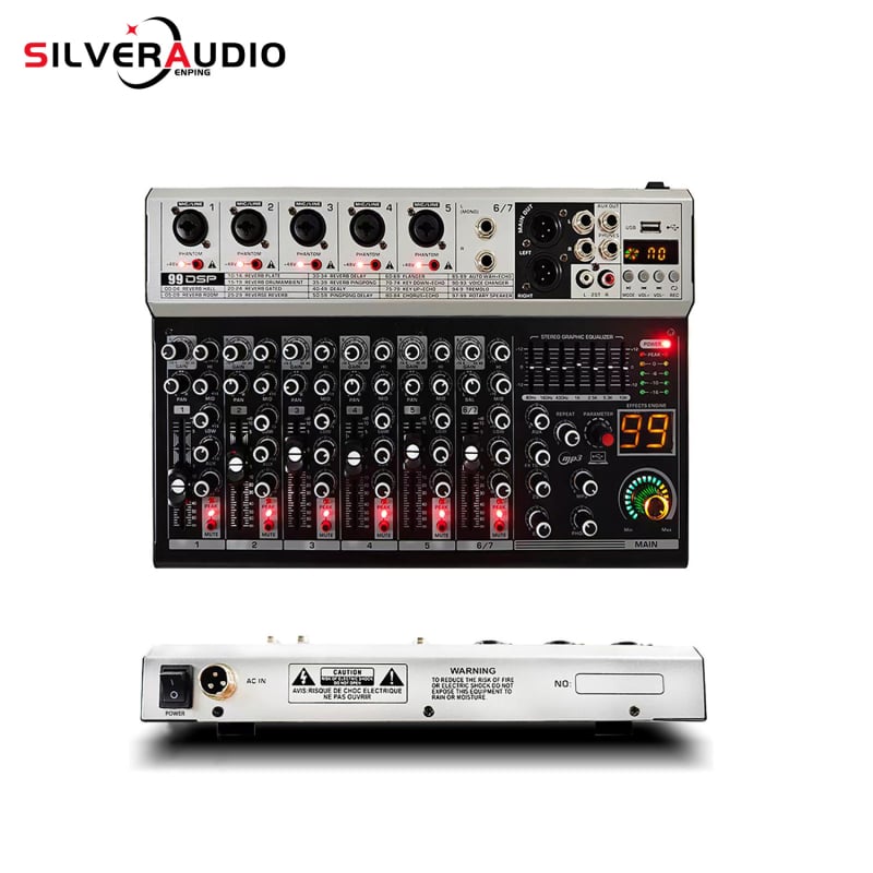 GAX-K7 Mixer profesional cu 7 canale, reverb DSP încorporat 99, Bluetooth pentru karaoke pe scenă, SNR ≥70dB, interval de frecvență 30Hz-15kHz