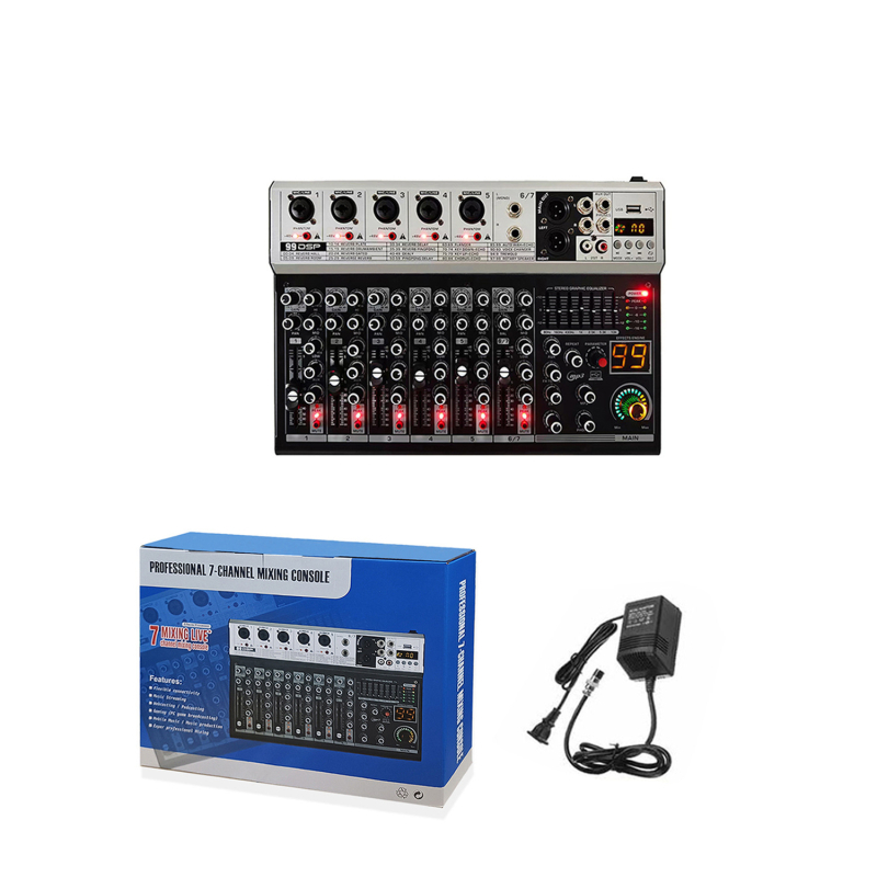 GAX-K7 Mixer profesional cu 7 canale, reverb DSP încorporat 99, Bluetooth pentru karaoke pe scenă, SNR ≥70dB, interval de frecvență 30Hz-15kHz