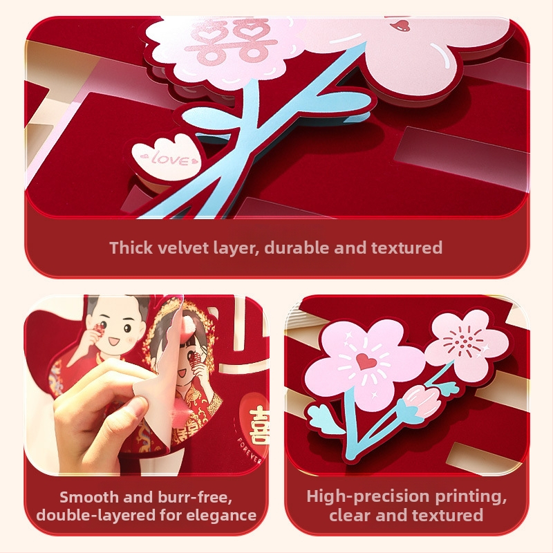 Svadobný nálep na dvere a okno – motív Dvojnásobné Šťastie, dekorácia pre novomanželov, flocking materiál, Feixunfei značka