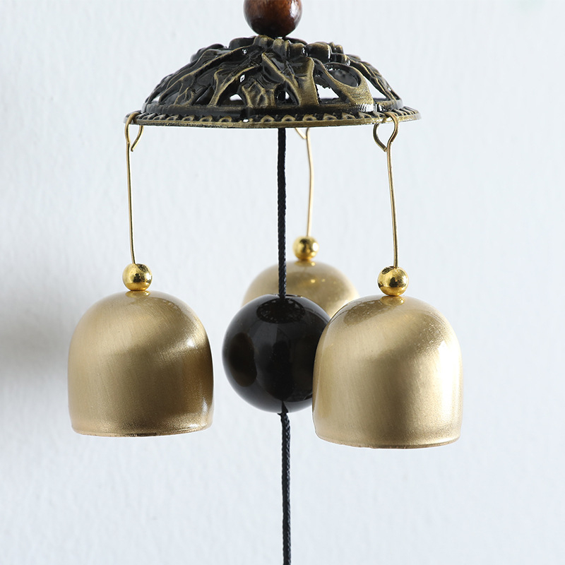 Gonguri de vânt montate pe perete cu motiv de pisică norocoasă, 3 clopoței din cupru, stil chinezesc – pentru decorul casei
