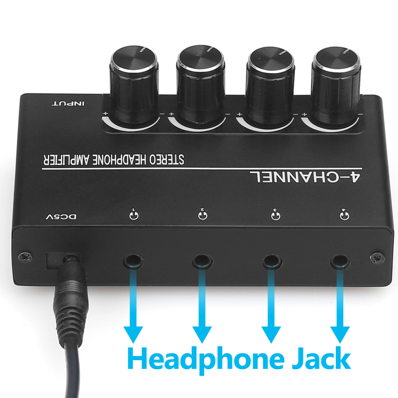 4-csatornás fejhallgató-erősítő és négy kimenetű osztó egyedi állítási gombokkal minden kimenethez; 3,5 mm bemenet, alumíniumötvözet ház, 1 m kábel