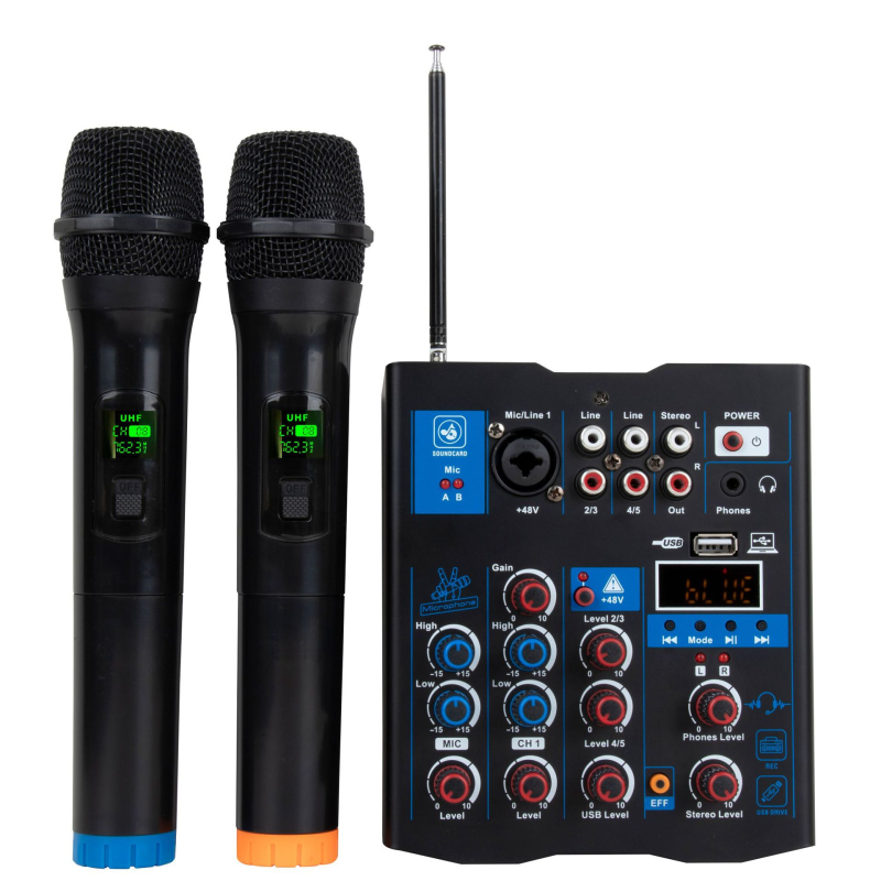 Mixer cu 4 canale, microfon wireless, interfață de sunet USB, înregistrare, Bluetooth