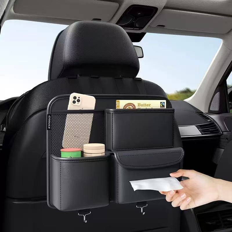 Kožni organizator stražnjeg sjedala automobila s držačem za maramice, sklopivi, više pretinosa, univerzalna kompatibilnost