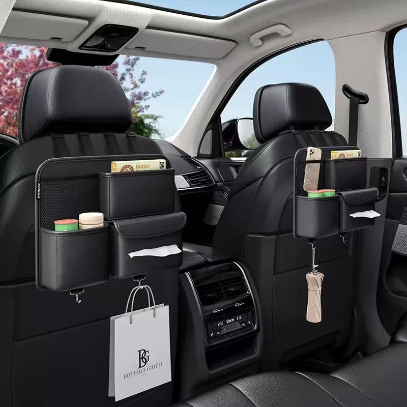 Kožni organizator stražnjeg sjedala automobila s držačem za maramice, sklopivi, više pretinosa, univerzalna kompatibilnost