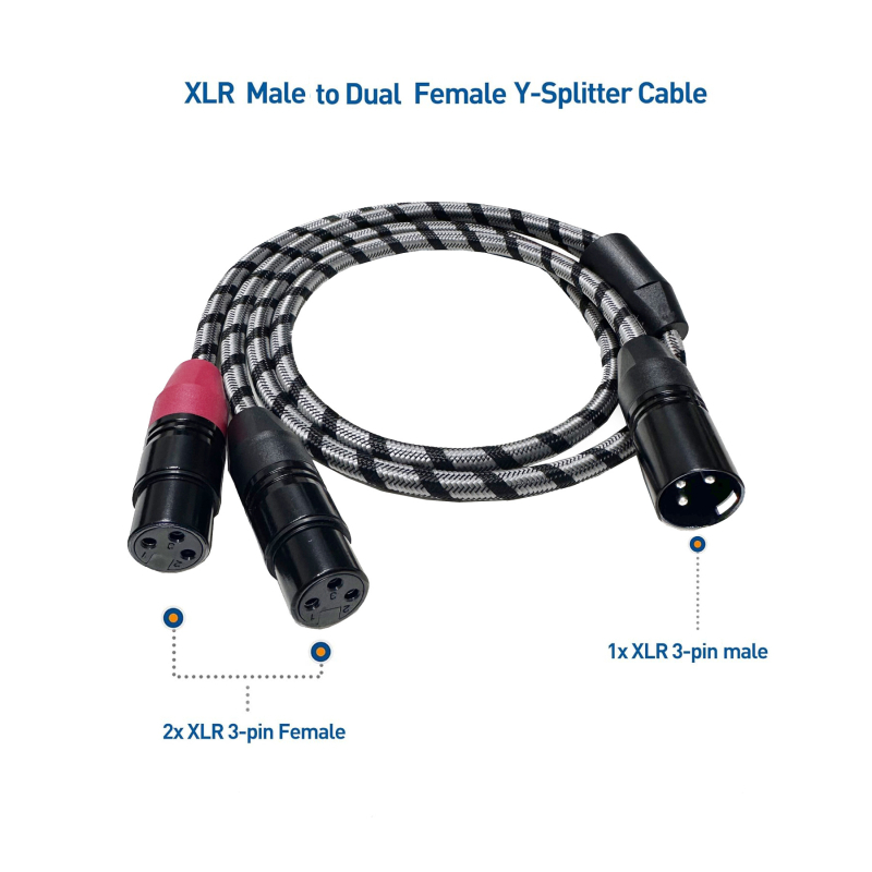 XLR audio kabel adapter: 1 na 2, muški na dva ženska, jezgro od bakra bez oksidacije, zlatno obloženi kontakti, RoHS