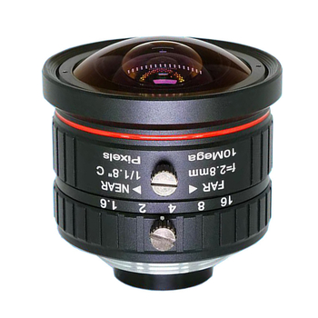 C-мount широкоъгълен обектив 2.8 мм с около 170° обхват, ръчно фокусиране, 10 MP