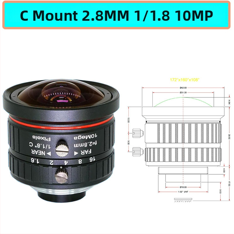 C-mount širokouhlý objektív 2,8 mm s pokrytím približne 170°, ručné ostrenie, 10 MP