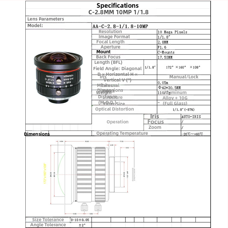 C-mount širokouhlý objektív 2,8 mm s pokrytím približne 170°, ručné ostrenie, 10 MP