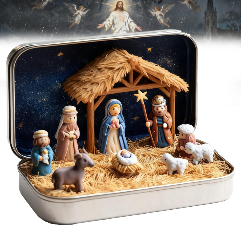 Mini Set Nașterea Domnului în cutie din metal, piese imprimate 3D, materiale plastic și rășină, ornamente pentru mașină