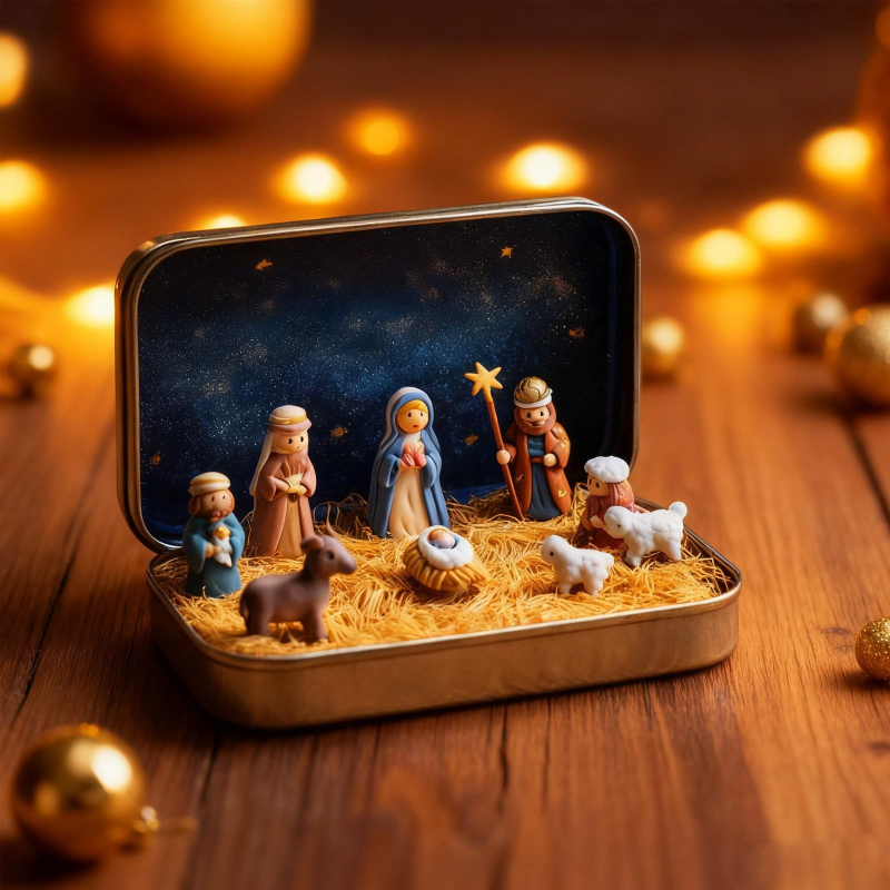 Mini Set Nașterea Domnului în cutie din metal, piese imprimate 3D, materiale plastic și rășină, ornamente pentru mașină