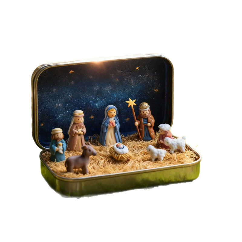 Mini Set Nașterea Domnului în cutie din metal, piese imprimate 3D, materiale plastic și rășină, ornamente pentru mașină