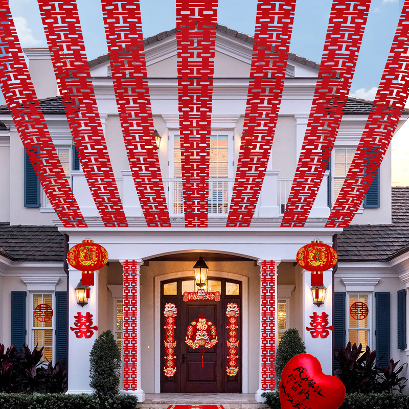 Esküvői helyszín dekoráció – hosszú szalag nem szőtt anyagból, felirattal 'Double Happiness', Gong Huang