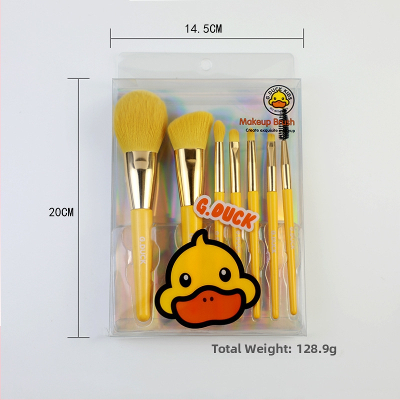 12 darabos kacsás témájú sminkecset-készlet, műszálas sörtékkel, fa fogókkal, teljes hossz 18 cm, sörtéj hossza 5 cm, PVC dobozban