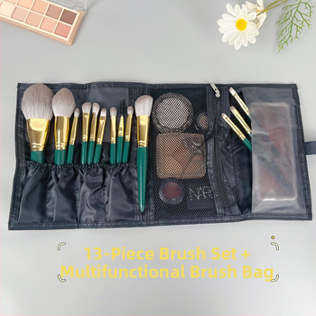 13 darabos sminkecset készlet, szintetikus sörtékkel, fa nyéllel, hordozható tárolóval