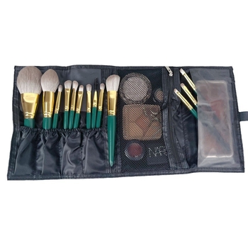 13 darabos sminkecset készlet, szintetikus sörtékkel, fa nyéllel, hordozható tárolóval