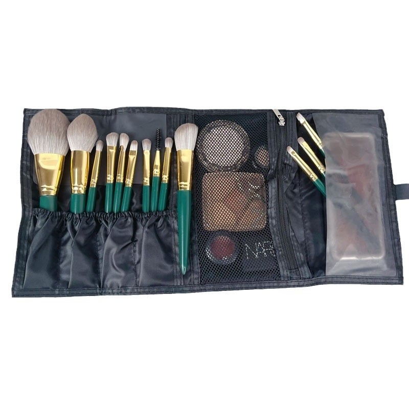 13 darabos sminkecset készlet, szintetikus sörtékkel, fa nyéllel, hordozható tárolóval