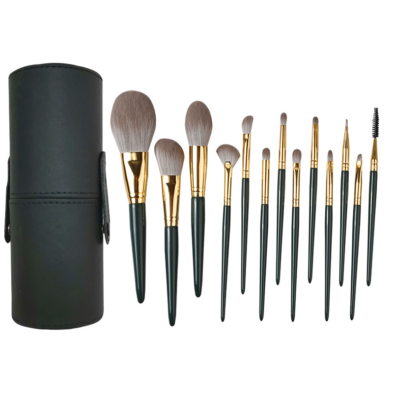 13 darabos sminkecset készlet, szintetikus sörtékkel, fa nyéllel, hordozható tárolóval