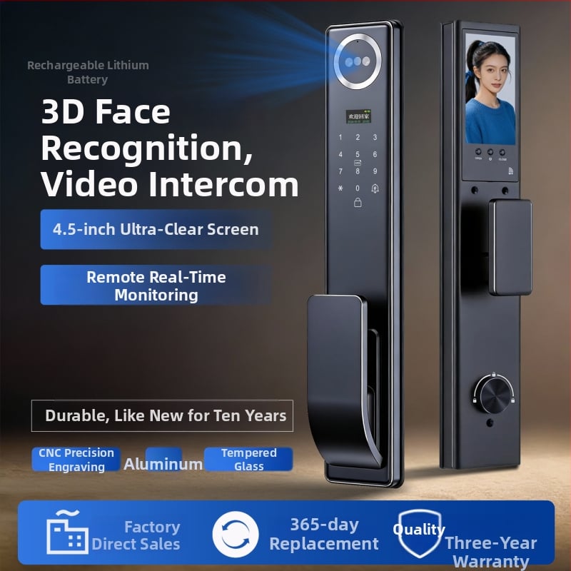 Okos ajtózár biometrikus hozzáféréssel: ujjlenyomat, arcfelismerés és jelszó; 3 másodperces olvasás; 100 ujjlenyomat tárolás; több mint 1 000 000 kinyitás