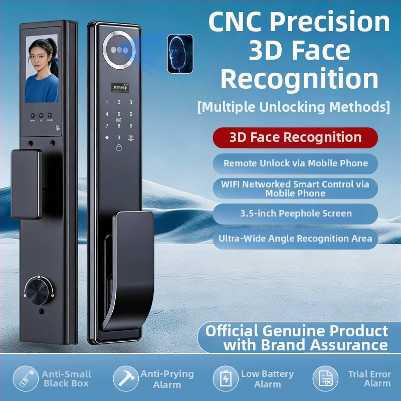 Okos ajtózár biometrikus hozzáféréssel: ujjlenyomat, arcfelismerés és jelszó; 3 másodperces olvasás; 100 ujjlenyomat tárolás; több mint 1 000 000 kinyitás