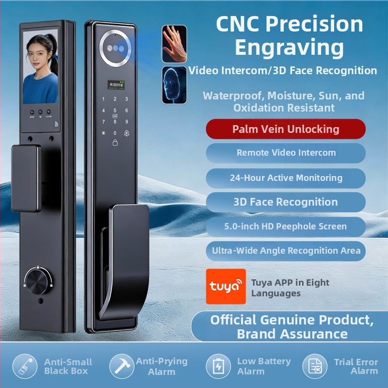 Okos ajtózár biometrikus hozzáféréssel: ujjlenyomat, arcfelismerés és jelszó; 3 másodperces olvasás; 100 ujjlenyomat tárolás; több mint 1 000 000 kinyitás