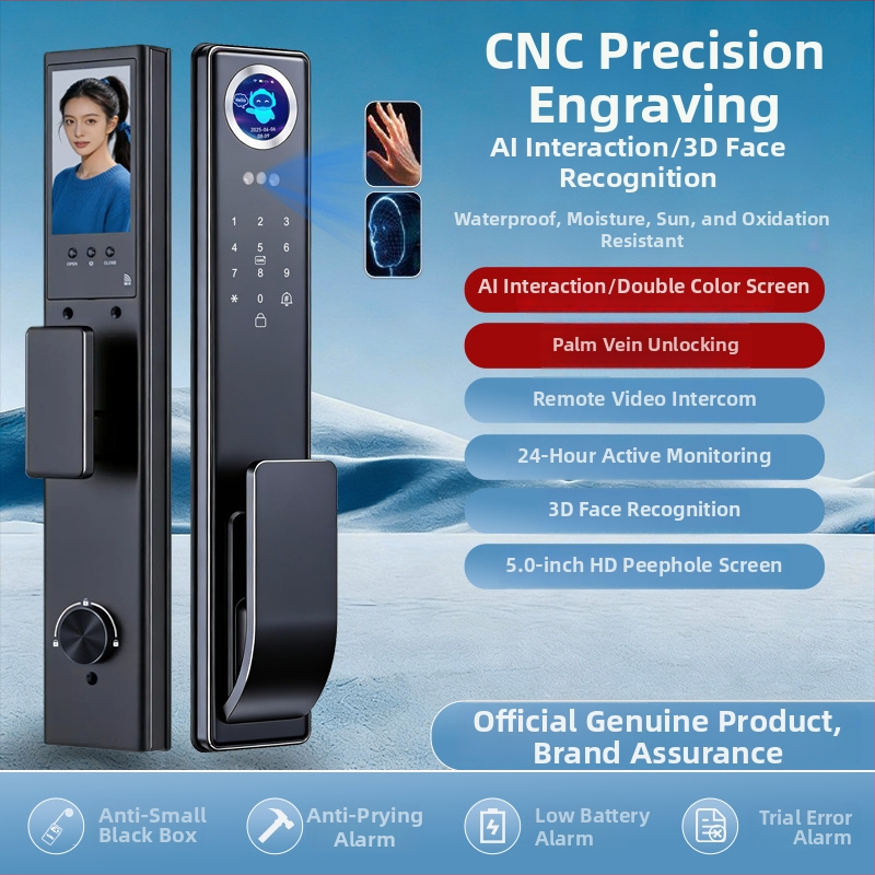 Okos ajtózár biometrikus hozzáféréssel: ujjlenyomat, arcfelismerés és jelszó; 3 másodperces olvasás; 100 ujjlenyomat tárolás; több mint 1 000 000 kinyitás