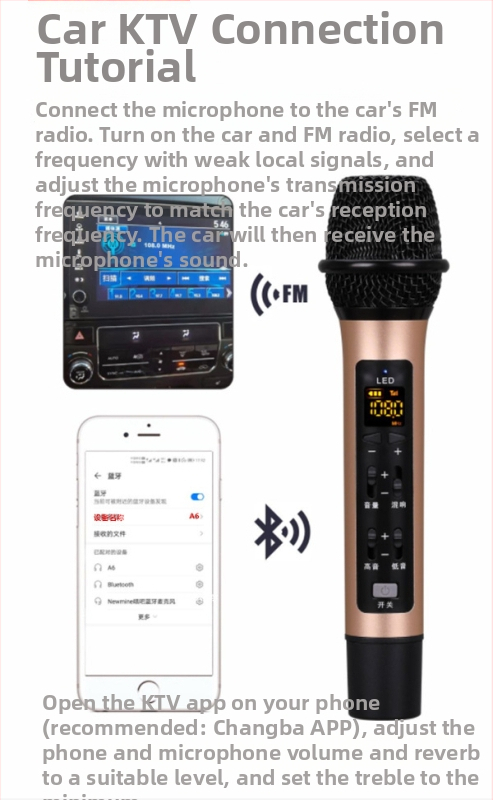 A6 Karaoke mikrofón do auta pre mobilný telefón, Bluetooth, vstavaná 1000mAh batéria, frekvenčný rozsah 100Hz–20kHz, SNR ≥95dB, výkon 5W, na živé vysielanie a nahrávanie