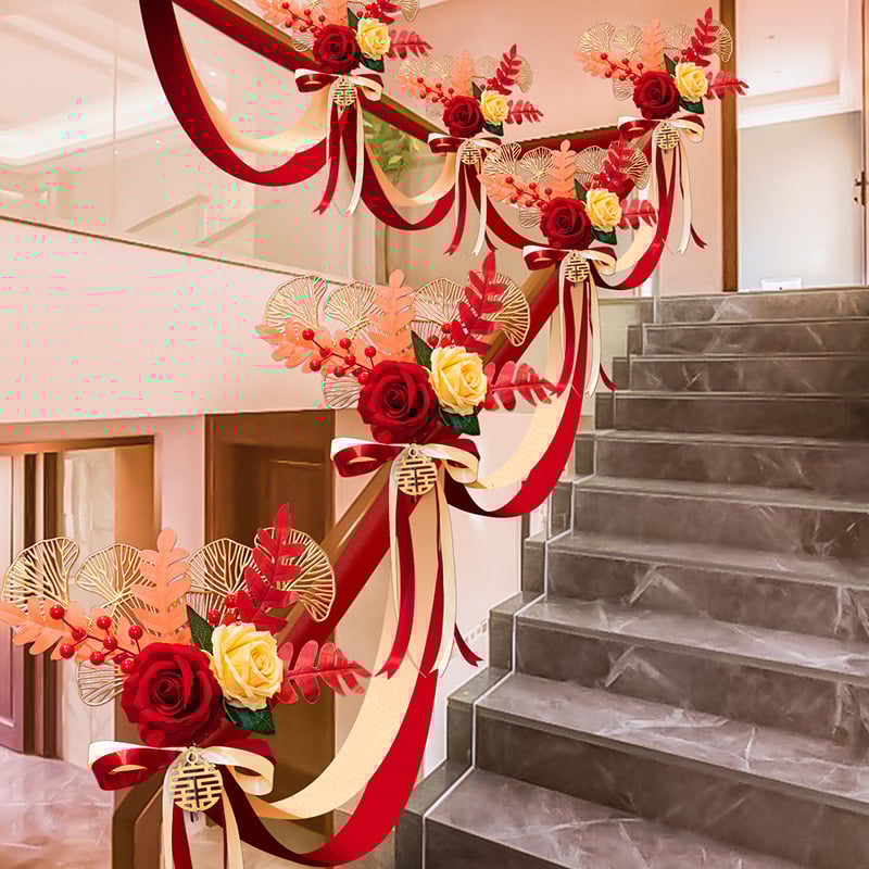 Dekoracija stubišnog rukohvata za vjenčanje s umjetnim cvijećem i trakom, brend Guangzhou Jiaer, materijal: umjetni cvijet, tip materijala: traka, kategorija: rekviziti za uređenje prostora, prikladno za vjenčanja