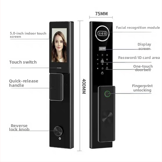 Okos ajtózár arcfelismeréssel, ujjlenyomattal és vizuális kaputelefonnal (Ujjlenyomat-tárolás: 100; Kinyitások: >3000; Szkennelési idő: <1 s; Hamis felismerés: <1%; Elutasítás: <1%)