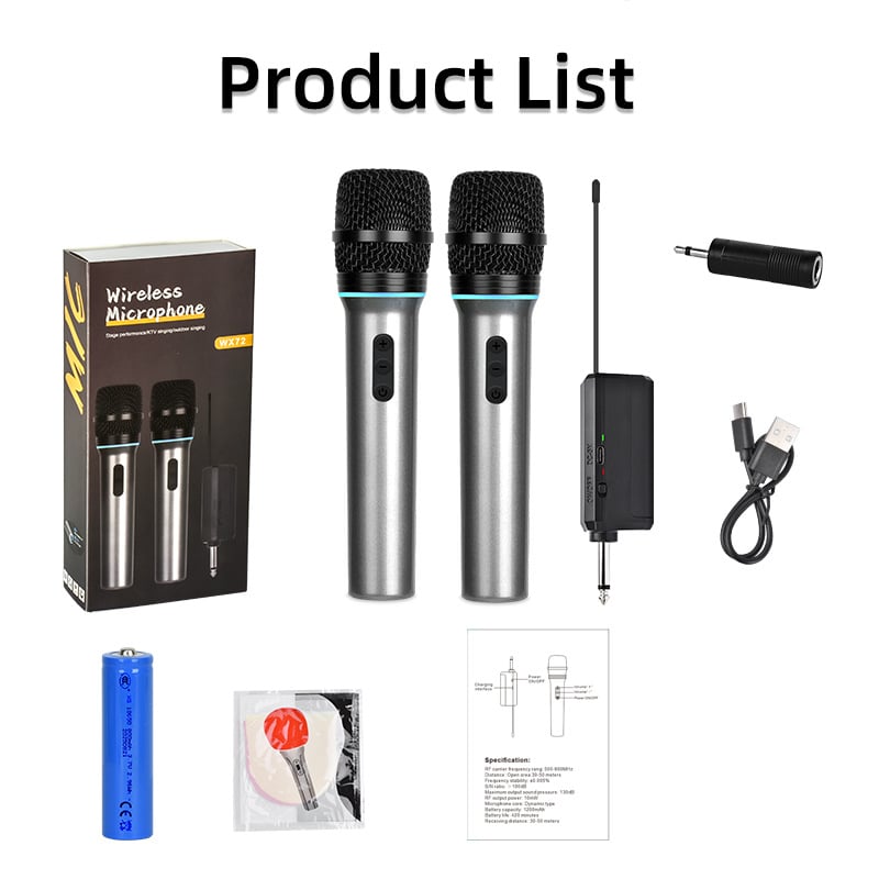 WX72 Vezeték nélküli kettős mikrofonos rendszer beépített újratölthető akkumulátorral (1200-2000 mAh), kardioid dinamikus mikrofonok, frekvenciasugár 60 Hz-15 kHz, akkumulátor élettartam több mint 12 óra