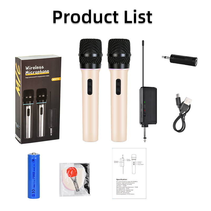 WX72 Vezeték nélküli kettős mikrofonos rendszer beépített újratölthető akkumulátorral (1200-2000 mAh), kardioid dinamikus mikrofonok, frekvenciasugár 60 Hz-15 kHz, akkumulátor élettartam több mint 12 óra