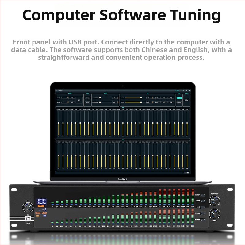 Kétsávos 31-sávos számítógépes equalizer professzionális otthoni és színpadi használatra — Prnoeet, 110-220V, 2.7 kg, digitális hangoló
