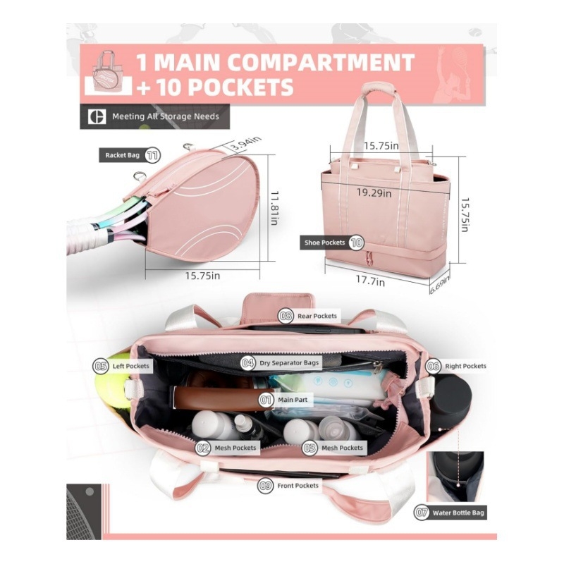 Geantă pentru rachete de tenis, capacitate mare, material impermeabil, model în carouri, căptușeală din nailon, spate ergonomic