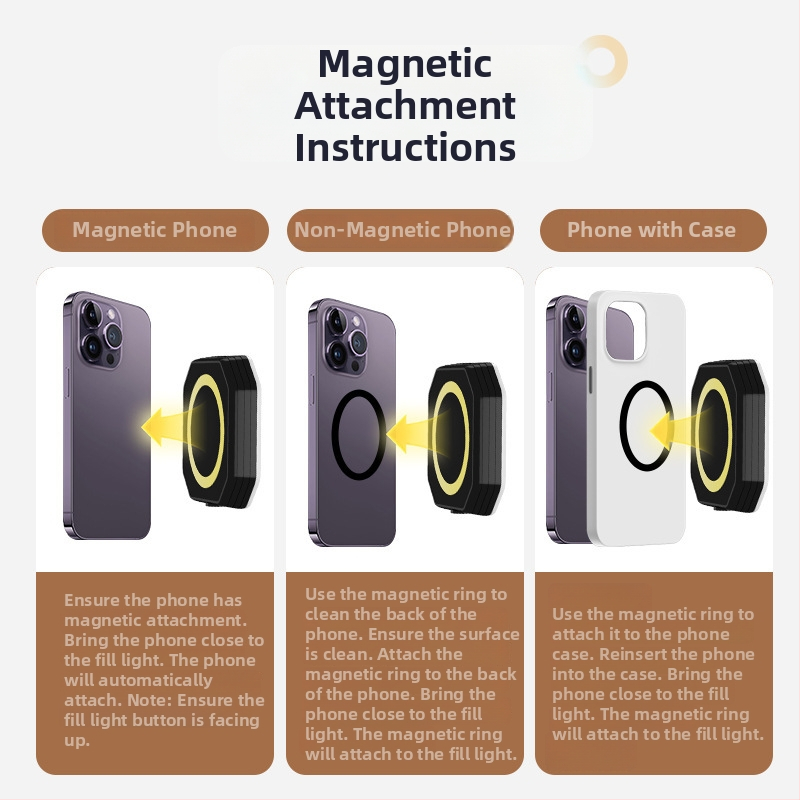 LED svjetlo za telefon s magnetskim usisavanjem, model F01, 6W, 3.7V, tri temperature boje, ručna upotreba za fotografiranje i prijenos uživo
