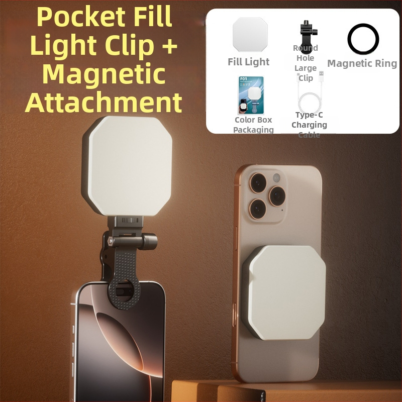 LED svjetlo za telefon s magnetskim usisavanjem, model F01, 6W, 3.7V, tri temperature boje, ručna upotreba za fotografiranje i prijenos uživo
