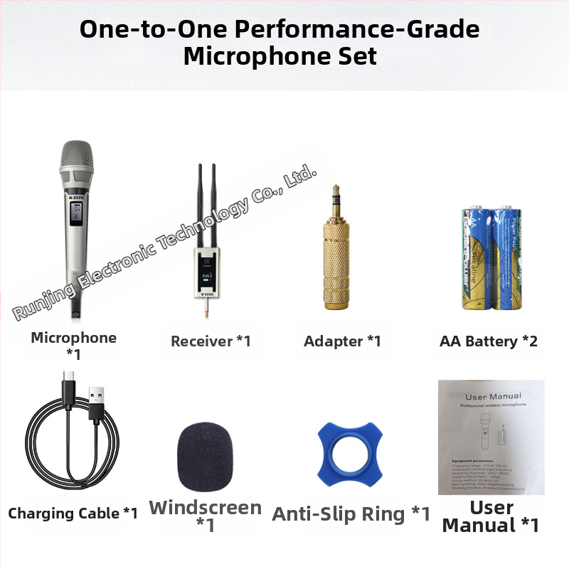 Dinamički mikrofon, kućište od cinkove legure, ugrađena baterija 1000–1200 mAh (6–8 sati), frekvencijski odziv 100 Hz–20 kHz, SNR ≥95 dB