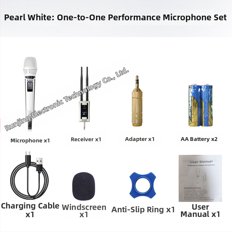 Dinamički mikrofon, kućište od cinkove legure, ugrađena baterija 1000–1200 mAh (6–8 sati), frekvencijski odziv 100 Hz–20 kHz, SNR ≥95 dB