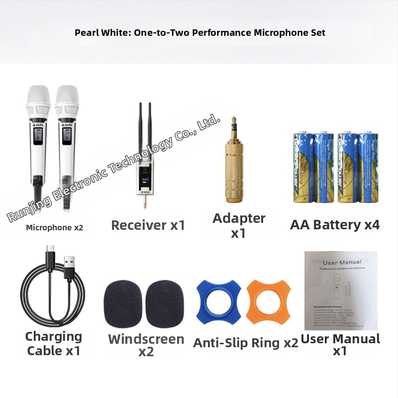 Dinamički mikrofon, kućište od cinkove legure, ugrađena baterija 1000–1200 mAh (6–8 sati), frekvencijski odziv 100 Hz–20 kHz, SNR ≥95 dB