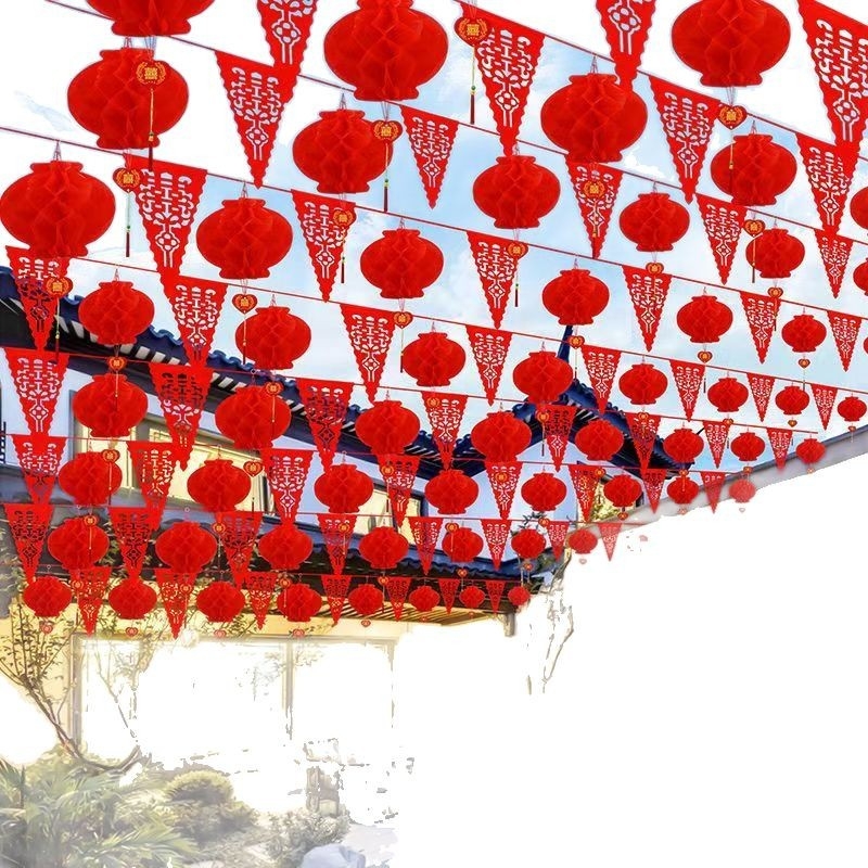 Esküvői helyszín dekorációs készlet: műanyag szalagokból készült girlandok, lámpások és banner „kettős boldogság”