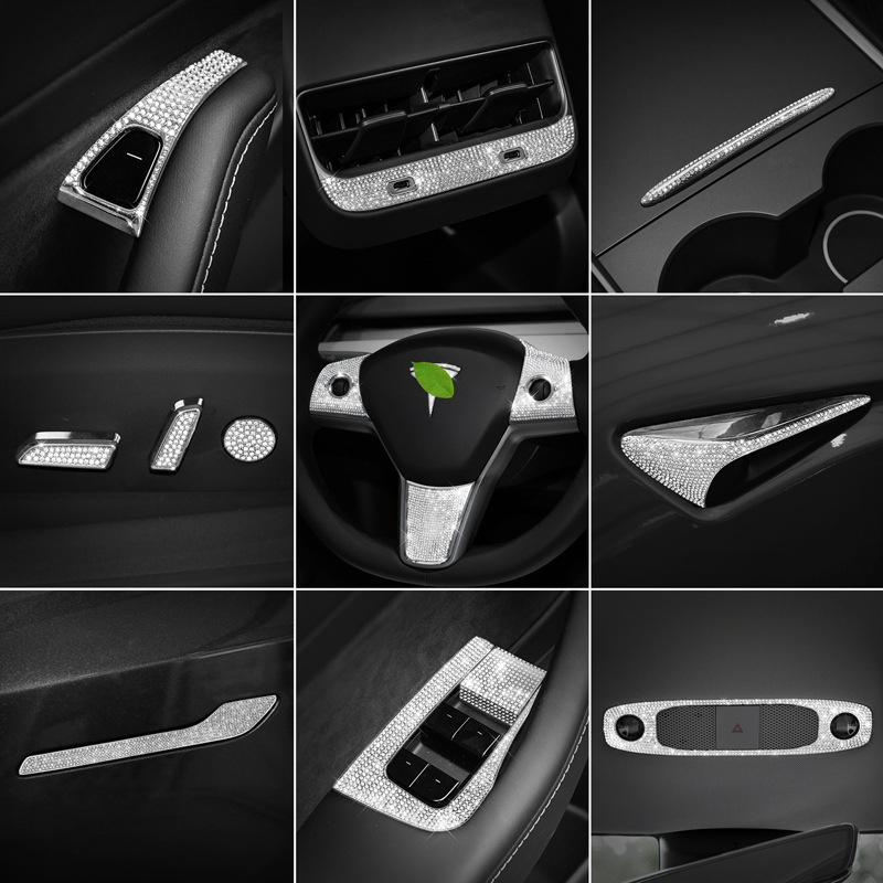 Unutarnje dekorativne naljepnice za Tesla Model 3 i Model Y — marka Yarisland, materijal: naljepnice, ukrašavanje logotipa dijamantima